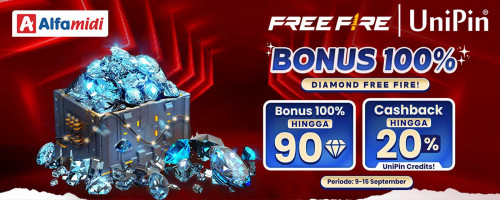 BONUS DIAMONDS FF 100% dan CASHBACK hingga 20% UniPin Credits! Top Up diamonds Free Fire Pakai Voucher UniPin dari Alfamidi